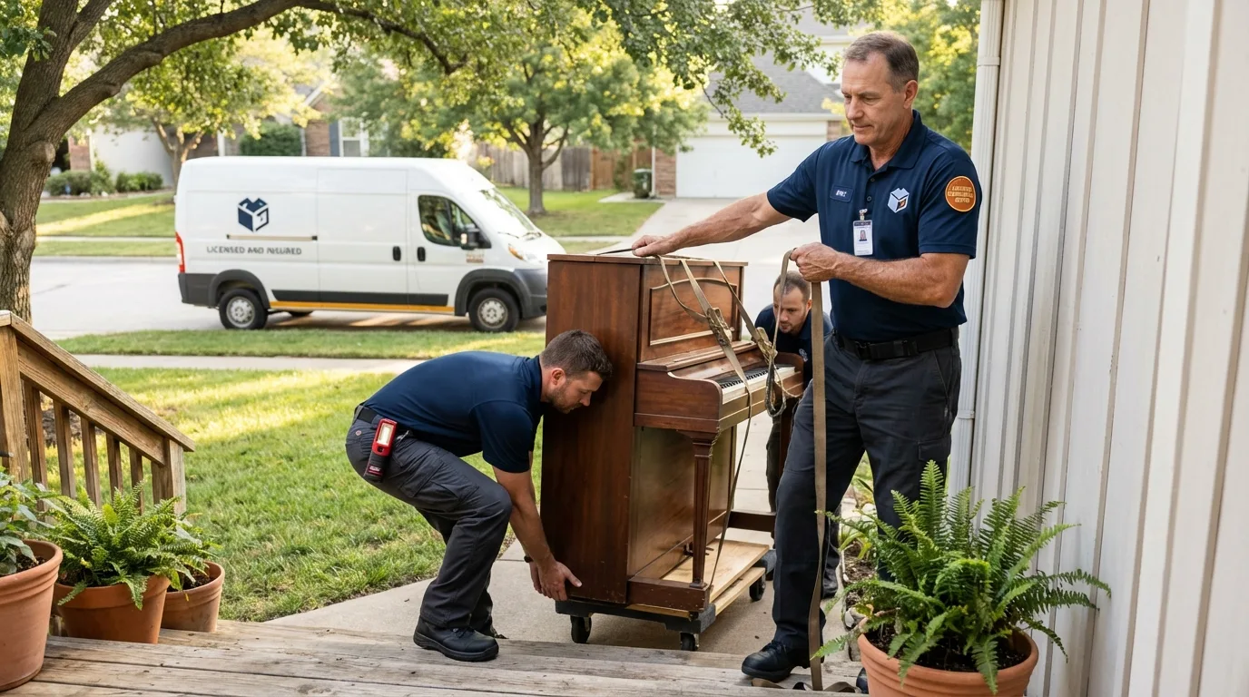 Licensed piano movers securing grand piano in Alamo, CA