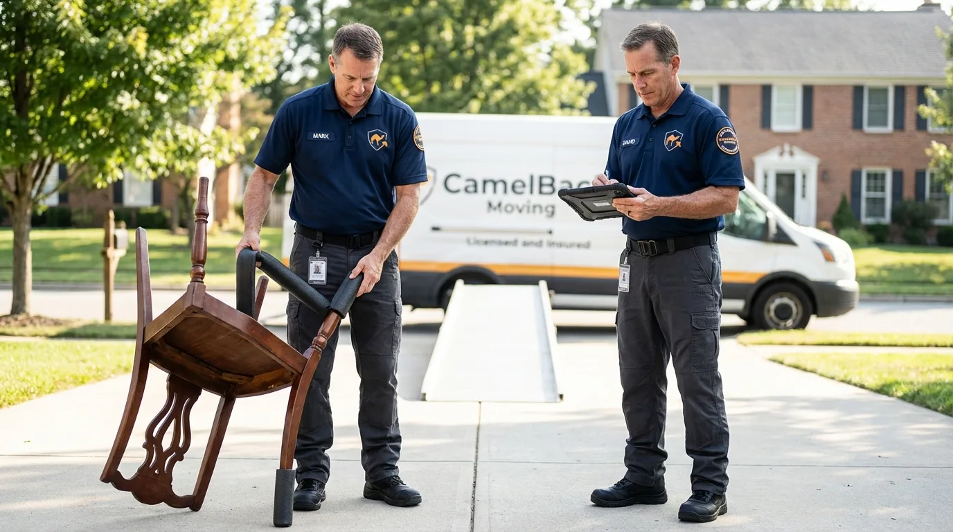 Movers inspecting furniture for damage prevention before loading in Alamo, CA